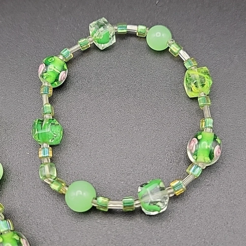 Unique Handmade Vibrant Green Art Glass Faceted Round Necklace and Bracelet Set